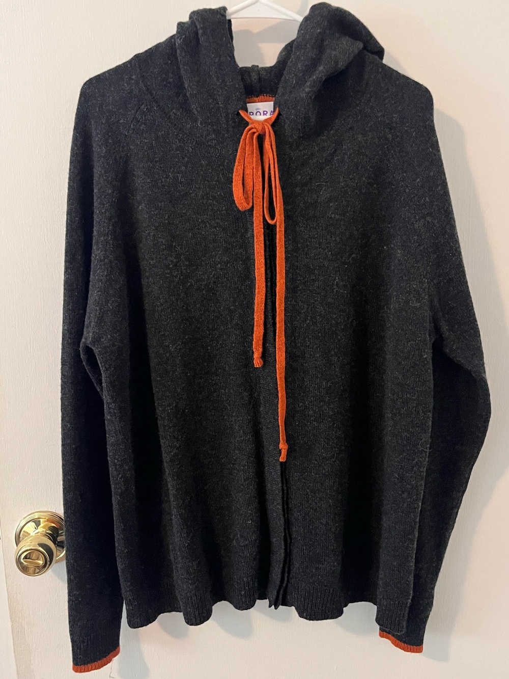 Brora Hooded Cardigan Sweater 100% Merino Wool Charcoal Gray Orange Accents 16